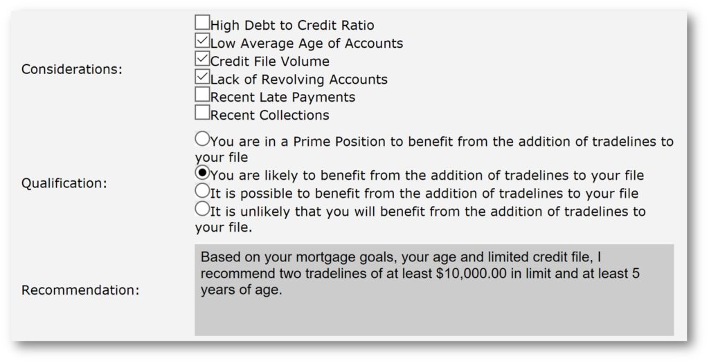 tradelines recommendation example