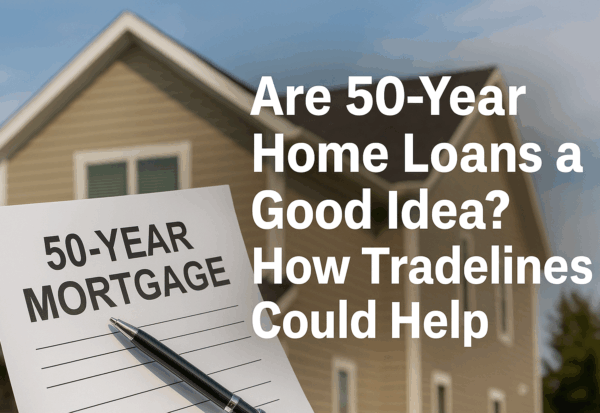 A realistic photo of a suburban home with a mortgage document labeled “50-Year Mortgage” and a pen resting on it, representing new long-term home loan options. Text overlay reads “Are 50-Year Home Loans a Good Idea? How Tradelines Could Help,” illustrating how improved credit and trade lines can lower mortgage costs over time.
