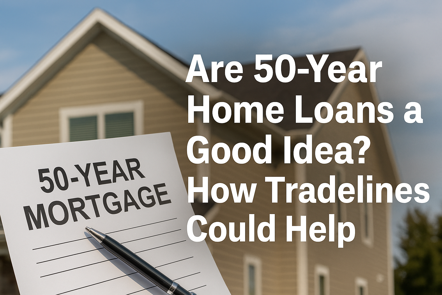 A realistic photo of a suburban home with a mortgage document labeled “50-Year Mortgage” and a pen resting on it, representing new long-term home loan options. Text overlay reads “Are 50-Year Home Loans a Good Idea? How Tradelines Could Help,” illustrating how improved credit and trade lines can lower mortgage costs over time.