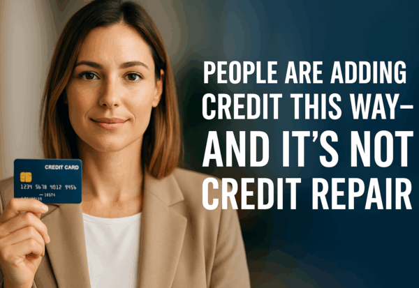A confident young professional holding a blue credit card labeled “Credit Card” stands against a modern office background. Text overlay reads “People Are Adding Credit This Way – And It’s Not Credit Repair,” symbolizing how authorized user tradelines help people build credit responsibly without using credit repair services.