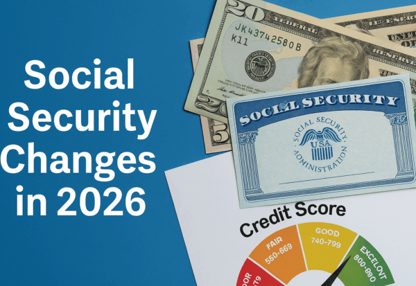 Digital cover graphic featuring a Social Security card and an 825 credit score report on a dark blue background, with the headline ‘What Social Security Changes in 2026 Mean for Credit Scores and Tradelines.