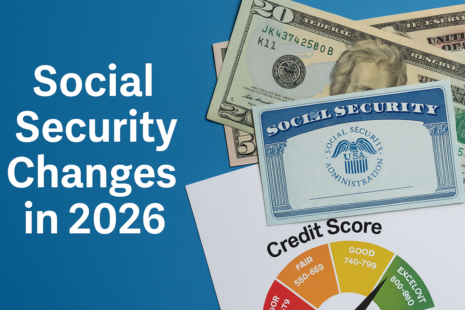 Digital cover graphic featuring a Social Security card and an 825 credit score report on a dark blue background, with the headline ‘What Social Security Changes in 2026 Mean for Credit Scores and Tradelines.