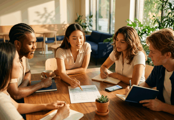 Group of five young adults collaborating around a wooden table, reviewing a printed form and taking notes.