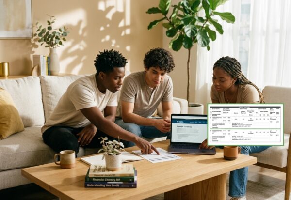 Three people sit on a living room sofa, reviewing papers and a laptop together at a coffee table. A highlighted bank statement graphic appears on a screen beside them, indicating a financial planning session.