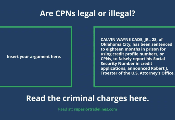 Infographic asking 'Are CPNs legal or illegal?' with two panels; left is blank for argument, right shows a criminal charge story about Calvin Wayne Cade Jr.
