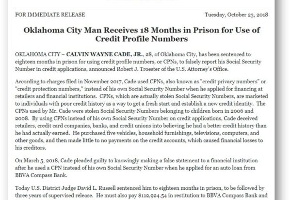 News release header: Department of Justice page announcing Oklahoma City man sentenced to 18 months for using credit profile numbers (2018).