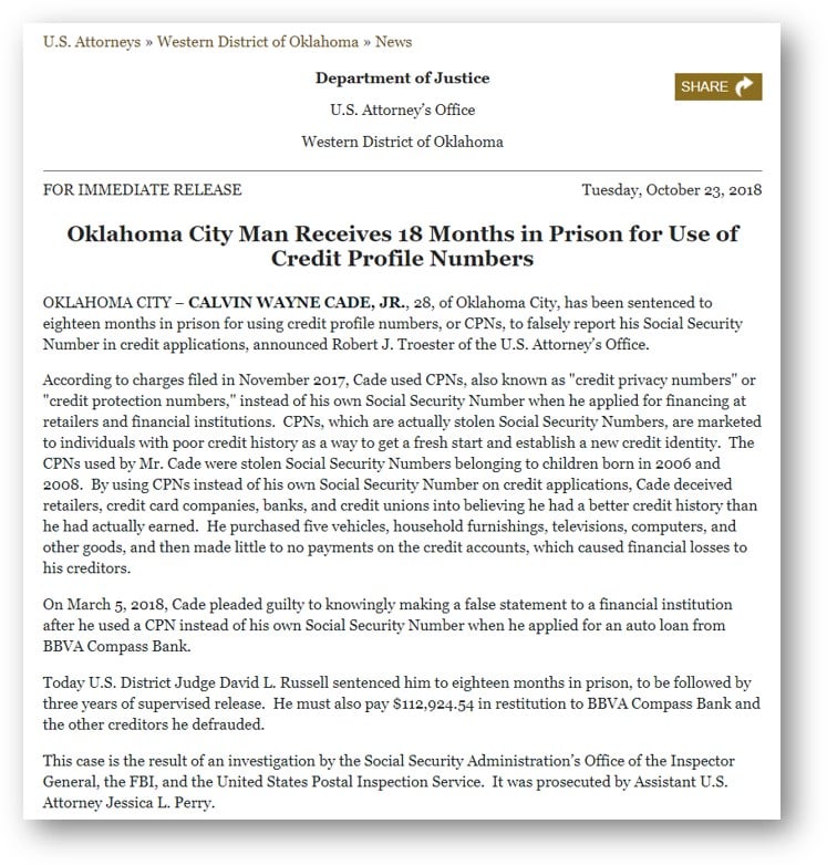 News release header: Department of Justice page announcing Oklahoma City man sentenced to 18 months for using credit profile numbers (2018).