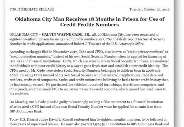 DOJ press release announcing an Oklahoma City man’s 18-month prison sentence for using credit profile numbers (credit privacy numbers).