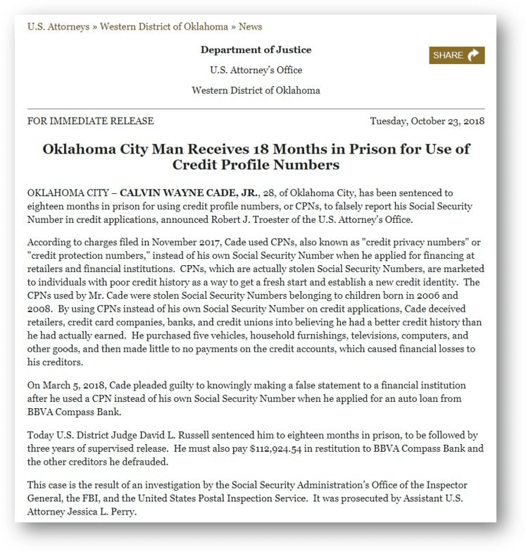 DOJ press release announcing an Oklahoma City man’s 18-month prison sentence for using credit profile numbers (credit privacy numbers).