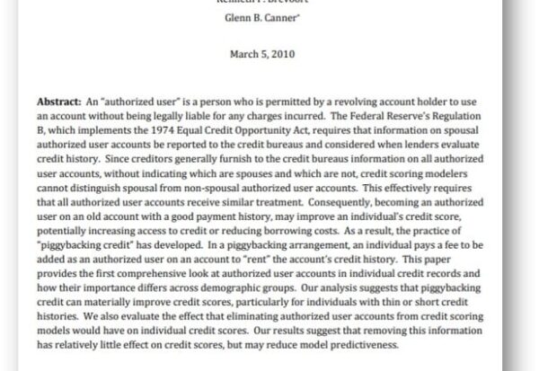 Title page of a research paper: 'Credit Where None is Due? Authorized User Account Status and Piggybacking Credit' with author names and date (March 5, 2010).