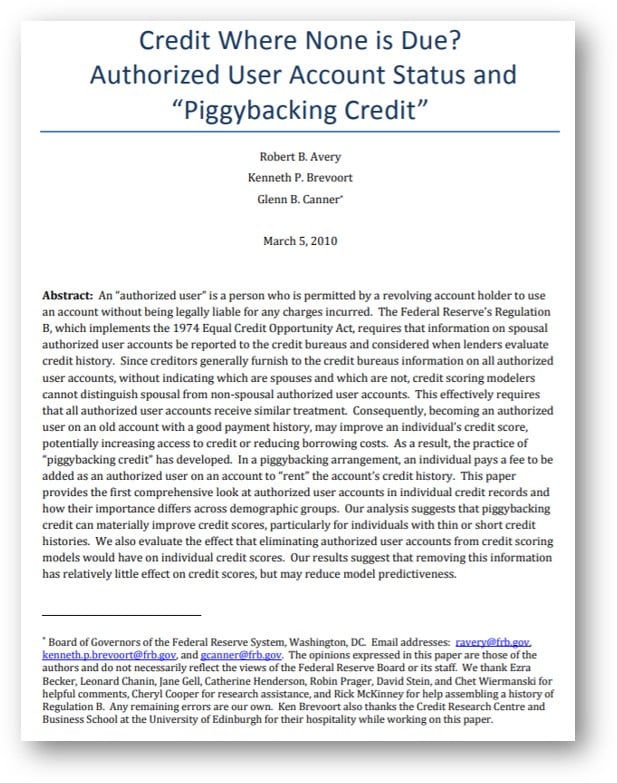 Title page of a research paper: 'Credit Where None is Due? Authorized User Account Status and Piggybacking Credit' with author names and date (March 5, 2010).