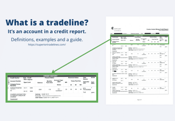 Definition slide: 'What is a tradeline? It’s an account in a credit report.' Green-highlighted credit history row linked to a full credit report page by an arrow.